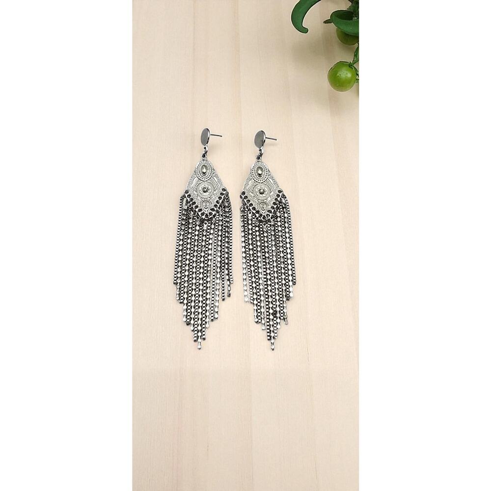 Silver Filigree Fringe Statement Earrings Rhinestone Dangle – Dramatic Glam - Picture 8 of 8